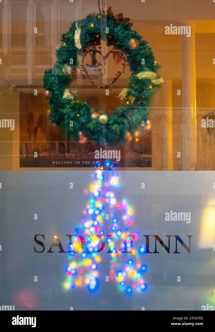 A window of the Saddle Inn at Christmas 2023 Liverpool Stock Photo