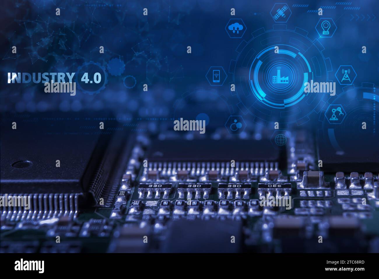Modern electronic circuit board with processor, integrated circuits and