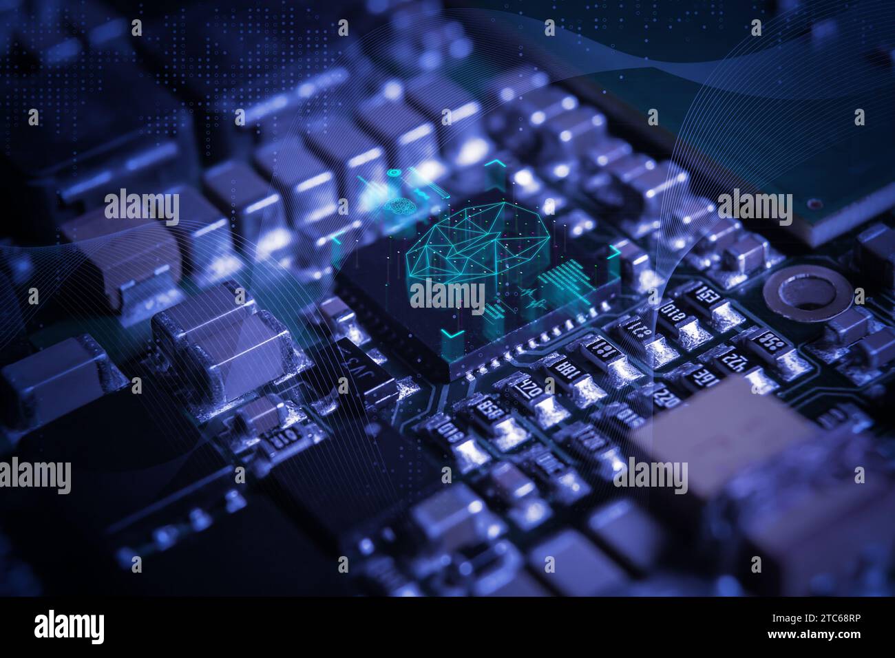 Modern electronic circuit board with processor, integrated circuits and