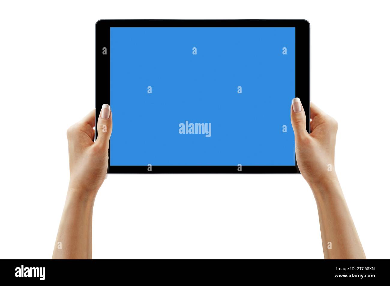 Female hands holding tablet with blank screen isolated Stock Photo