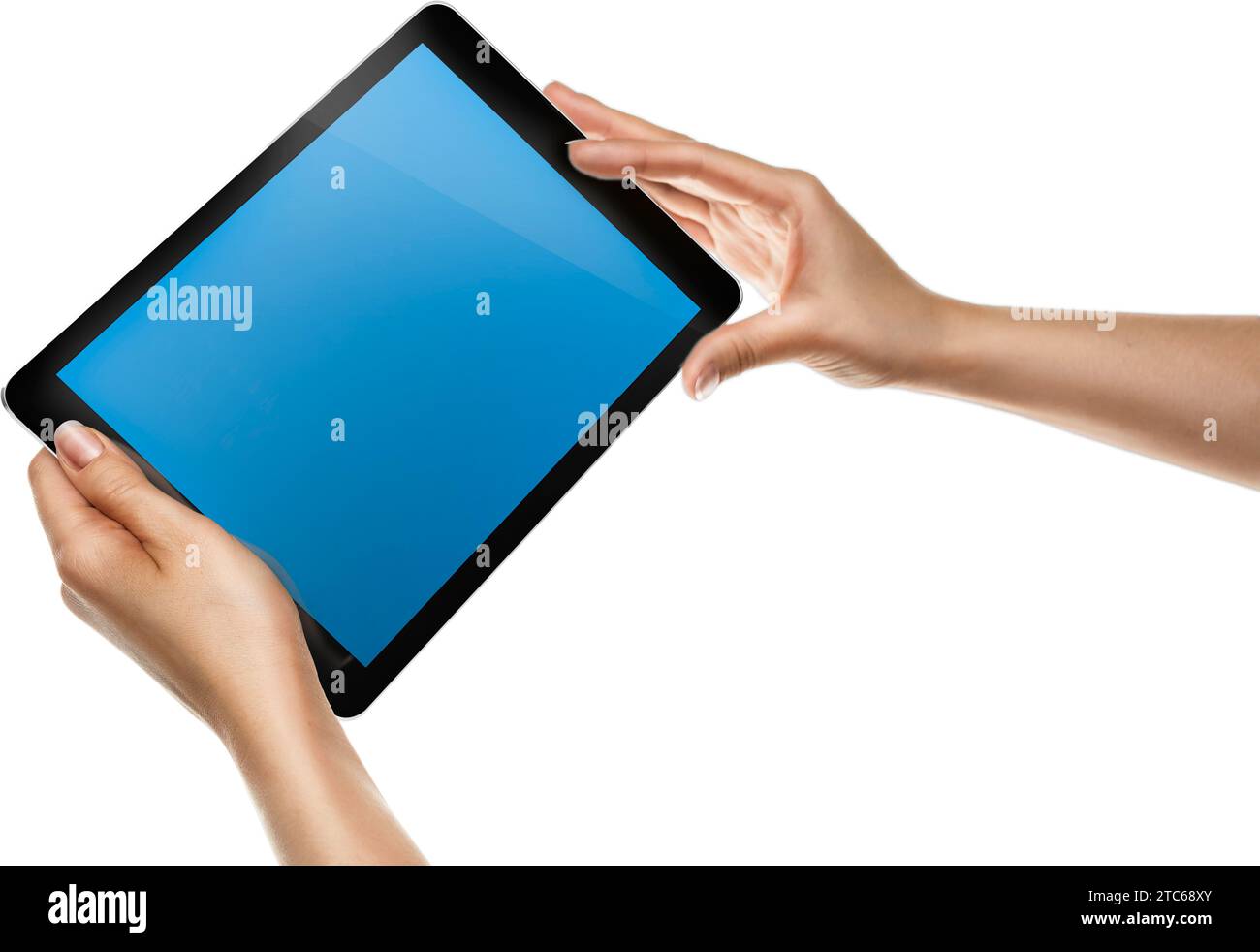 Female hands holding tablet with blank screen isolated Stock Photo