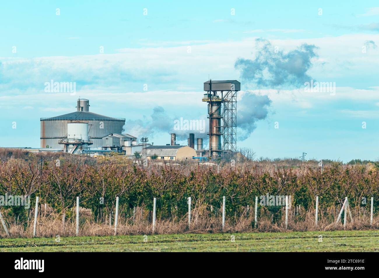 Sugar beet processing plant, old building and white smoke from smokestack in autumn morning Stock Photo