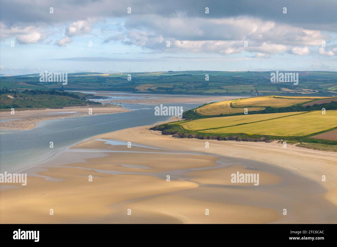 The Doom Bar is revealed at low tide in the Camel Estuary near Padstow, Cornwall, England.  Summer (June) 2023. Stock Photo