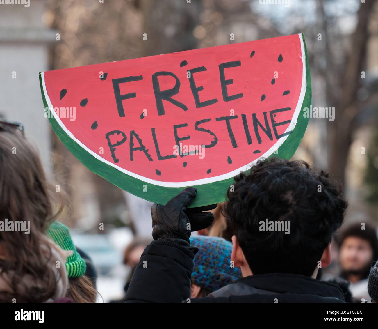 Sign for war in Palestine: Free Palestine on sign in shape of watermelon Stock Photo