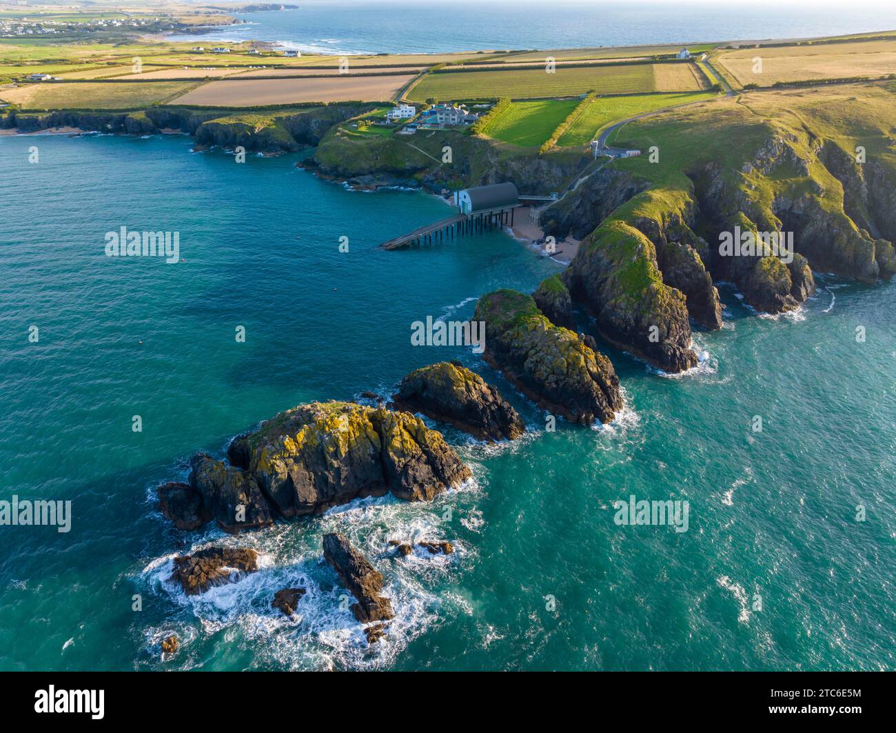 Aerial view of Padstow Lighthouse and Merope Rocks opn Trevose Head