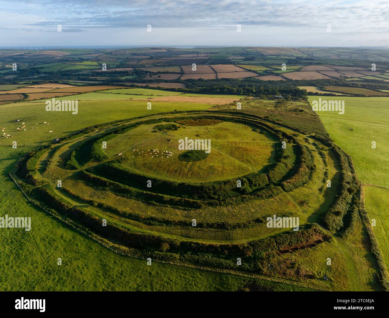 Aerial view of Castle an Dinas Iron Age Hillfort on Castle Downs near St Columb Major, Cornwall, England.  Summer (August) 2023. Stock Photo
