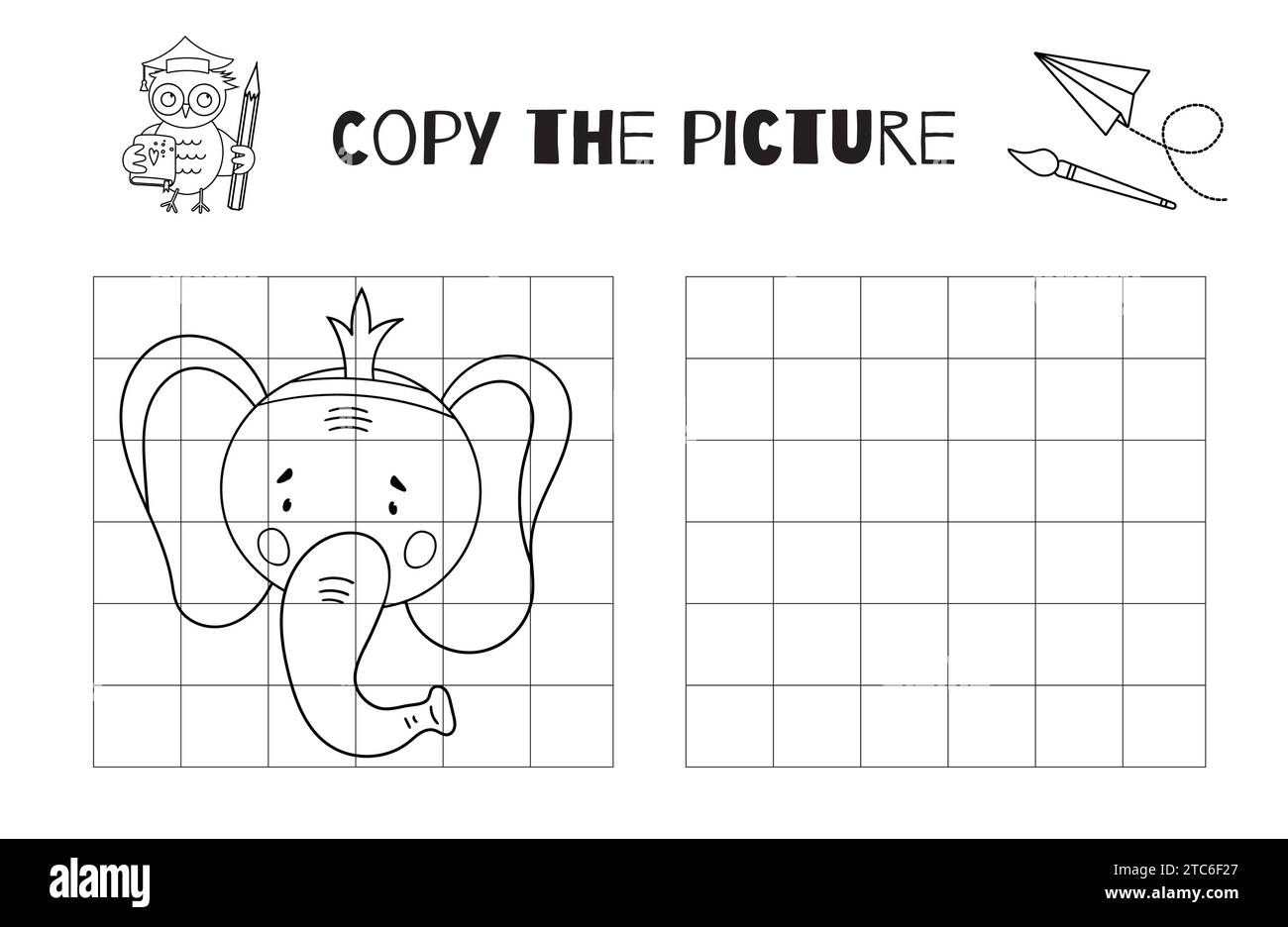 In This Vector Drawing Practice Worksheet, Kids Can Enjoy A Carnival-Themed New Year Activity By Copying Or Completing The Black And White Printable Image Of An Elephant Wearing A Crown Stock Vector