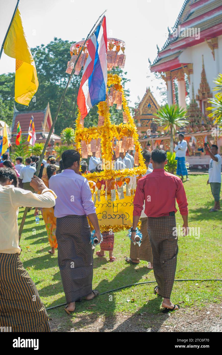 SURATTANI, THAILAND- NOV. 06, 2023: Burmese people dress in national clothes, Came out happily during the Kathin merit-making festival of our Burmese Stock Photo