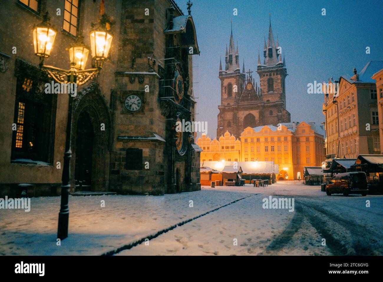 Snow winter morning in Prague, christmas Market Stock Photo