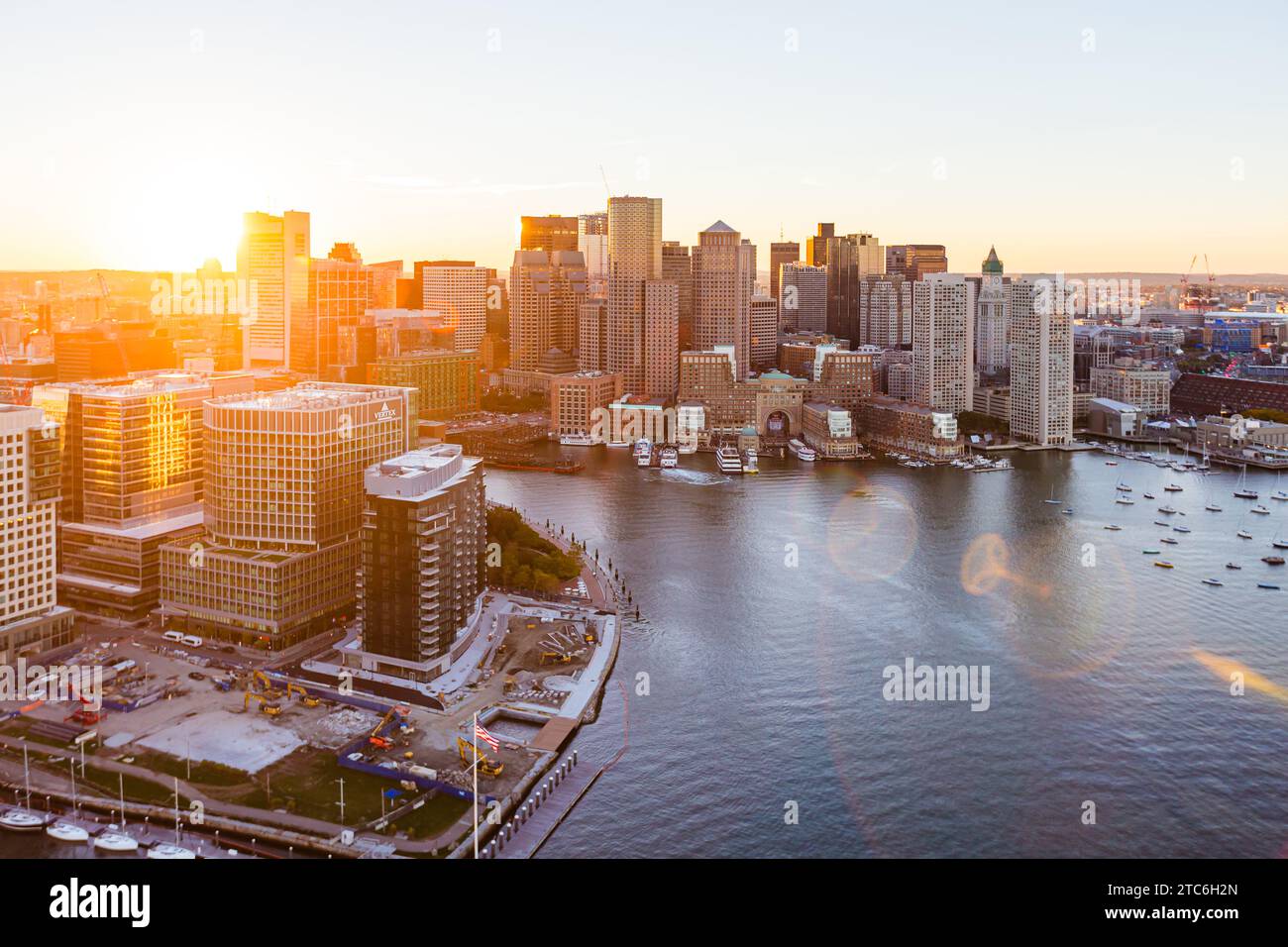 East Boston Waterfront Skyline Sunset Aerial Photography Stock Photo