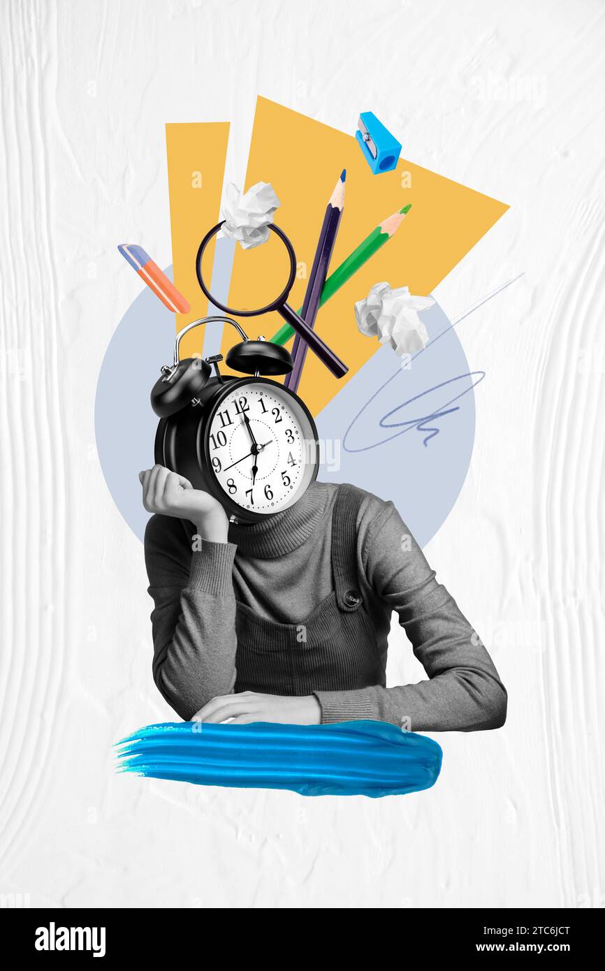 Vertical creative surreal photo collage young student pupil school girl ...