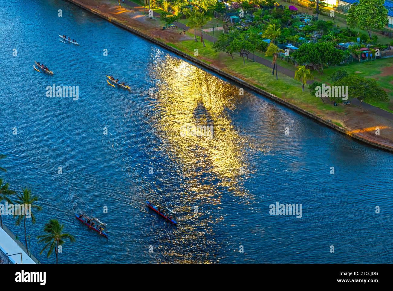 Colorful Canoes Reflection Ala Wai Canal Waikiki Honolulu Hawaii Stock