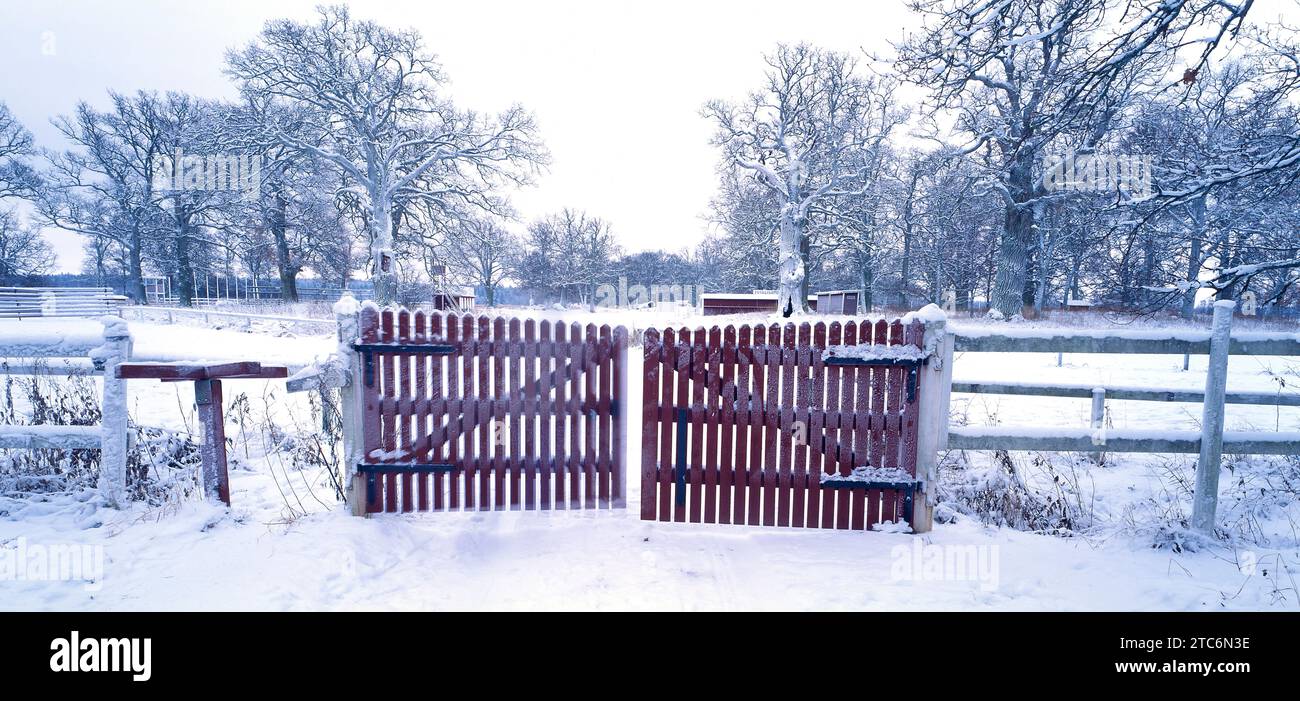 Wooden gate in rural landscape, Sweden Stock Photo
