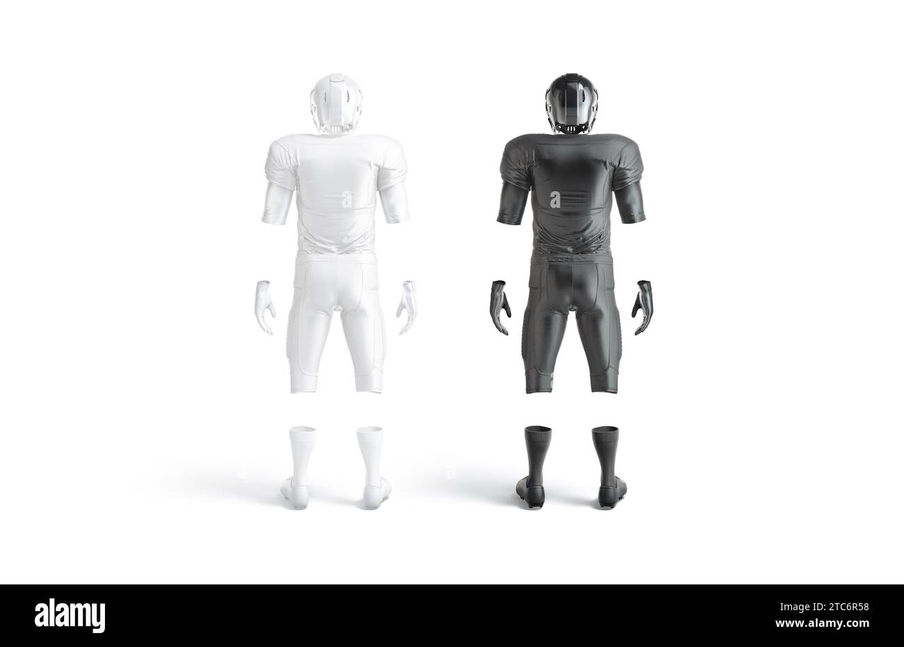 Blank black and white american football uniform mockup, back view, 3d rendering. Empty sport protective kit for team mock up, isolated. Clear armour j Stock Photo