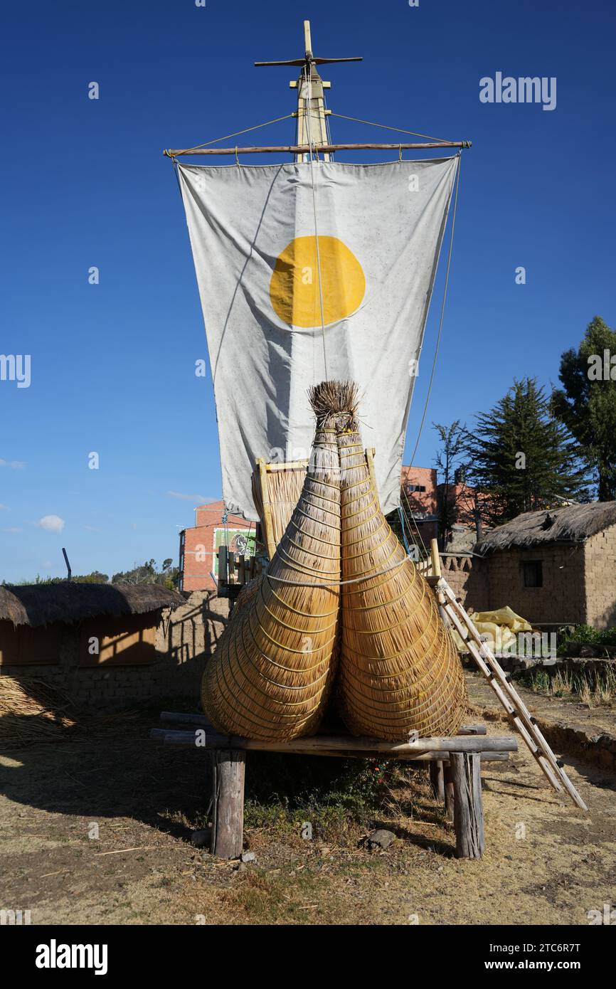 Reed Boat on the banks of Lake Titicaca. Huatajata, Bolivia, October 10, 2023. Stock Photo