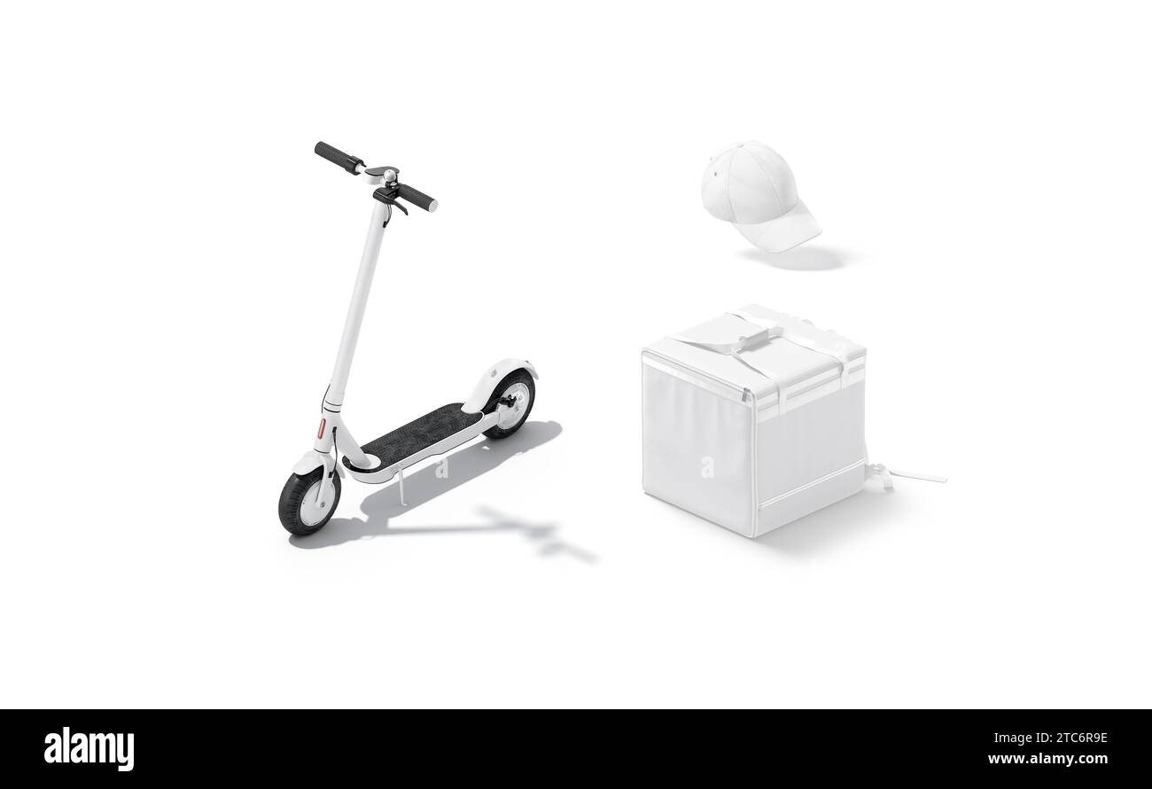 Blank white delivery bag, electric scooter and cap mockup, isolated, 3d rendering. Empty scouter and backpack for food courier mock up set. Clear cafe Stock Photo