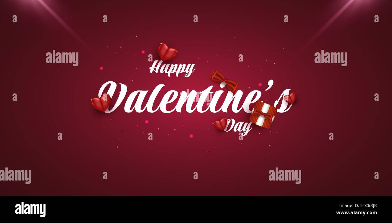 Valentine's Day Background with Red Heart and Gift Box Illustration and Shining Red Light. Valentine's Day Typography for Card or Banner Stock Vector