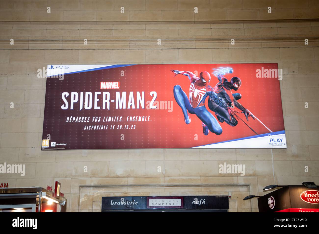 Bordeaux , France - 12 04 2023 : spiderman 2 figure Super Hero Classic Marvel on movies advertising Spider-Man wall poster ps5 sony Stock Photo