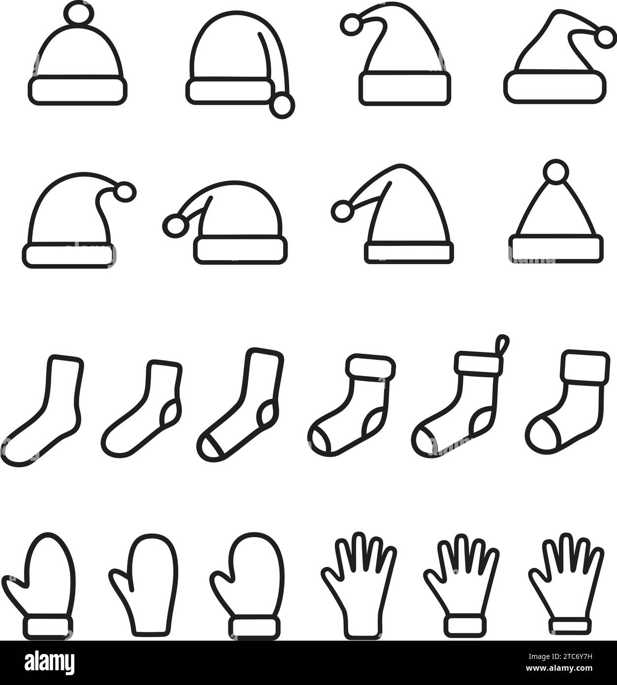 Christmas hat, sock, mitten line icon. Holiday knitted accessories set