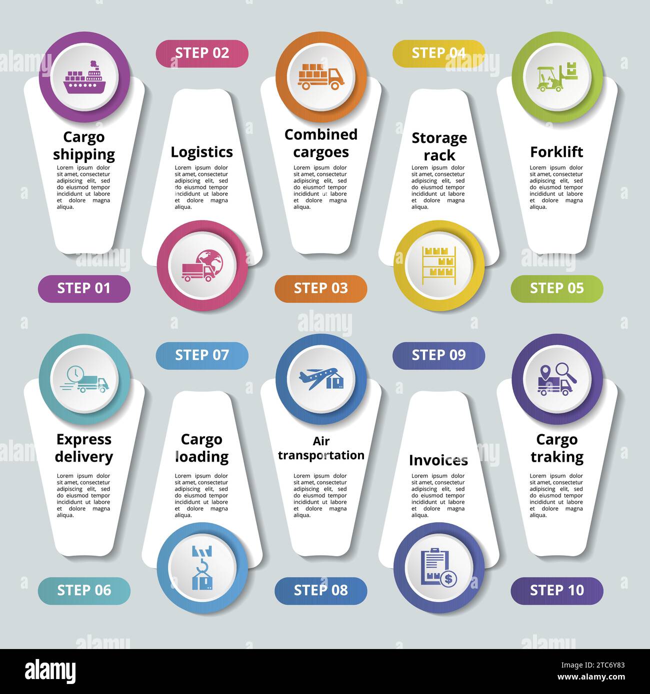 Infographics with Cargo theme icons, 10 steps. Such as cargo shipping ...