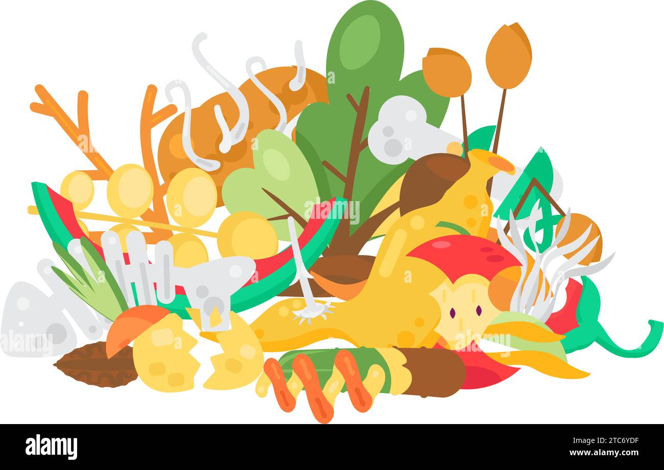 Old spoiled rotten food piled up in big pile. Heap of old rotten food. Organic waste pollution problem. Simple cartoon vector concept isolated on whit Stock Vector