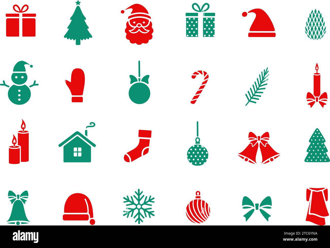 Christmas design elements icon. Jingle bells with bow, ball, fir tree, gift box, cap, cone, candy cane, candle, snowman, Santa Claus. Holiday accessor Stock Vector