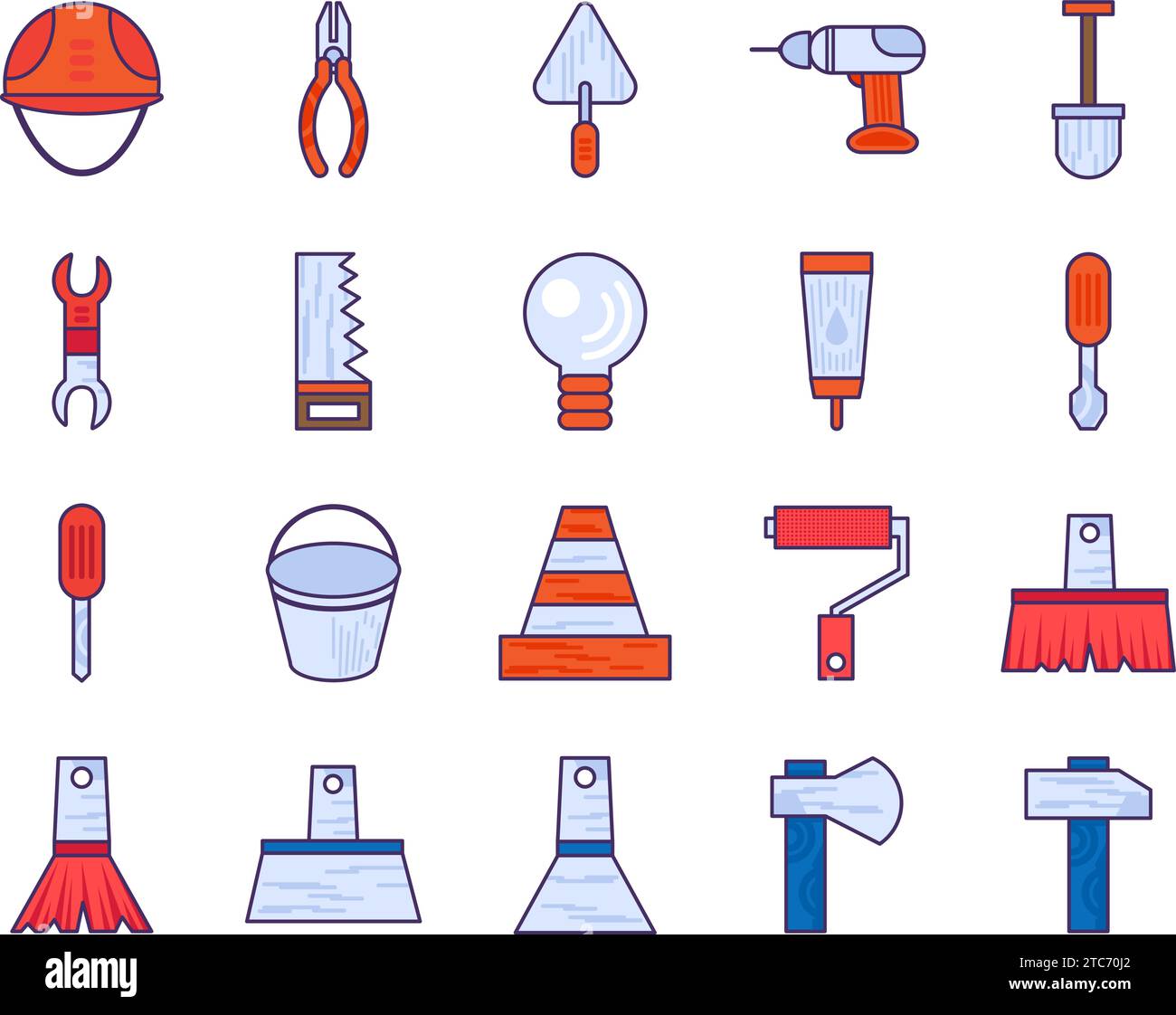 Set of tools for carpenter, blacksmith, handyman.. Professional DIY tools and equipment of highly qualified specialist. Simple colored stroked vector Stock Vector