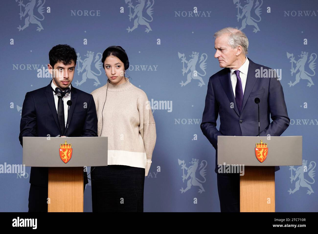 Oslo 20231211.The children of Nobel Prize winner Narges Mohammadi, son Ali Rahmani and daughter Kiana Rahmani, at a press conference with Norway's Prime Minister Jonas Gahr Stoere after the family of the Peace Prize winner met the Prime Minister in the Prime Minister's residence on Monday morning. Photo: Cornelius Poppe / NTB Stock Photo