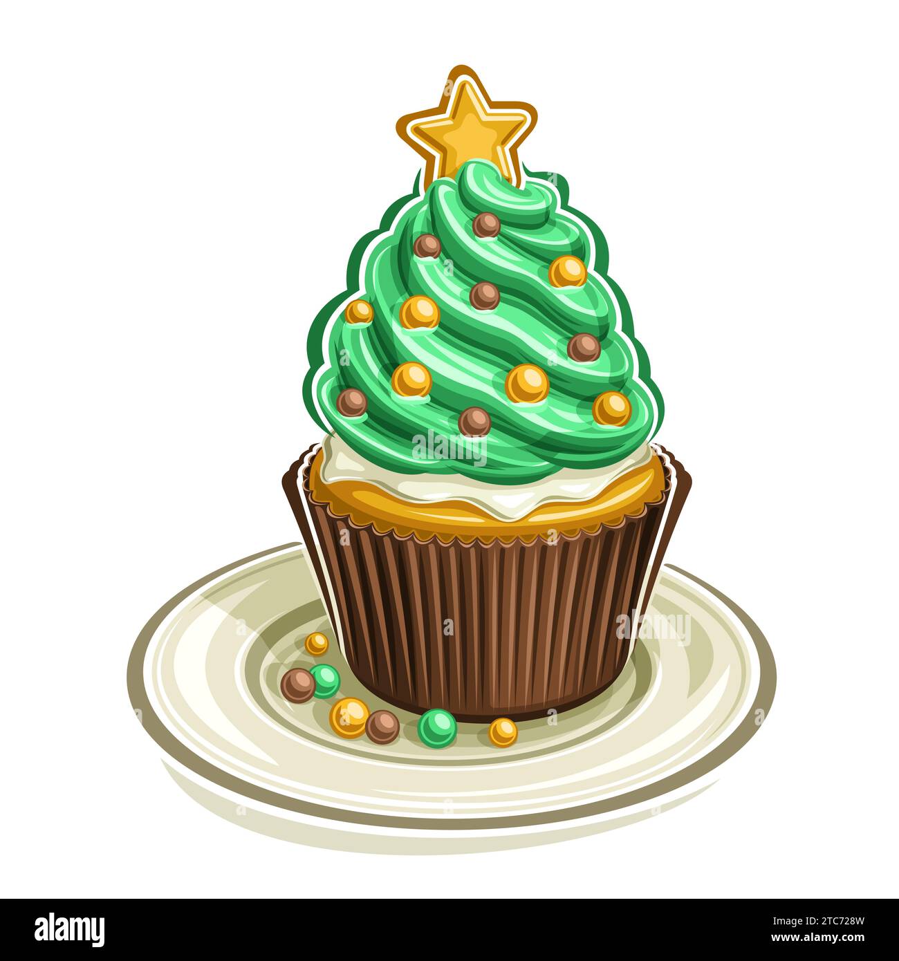 Vector logo for Christmas Cupcake, square poster with illustration of homemade cupcake in brown suit with twisted cream, decorated gold christmas ball Stock Vector