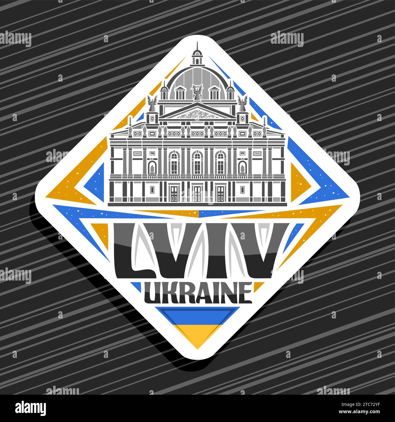 Vector logo for Lviv, white rhombus road sign with outline illustration of famous lviv theatre of opera and ballet, decorative refrigerator magnet wit Stock Vector