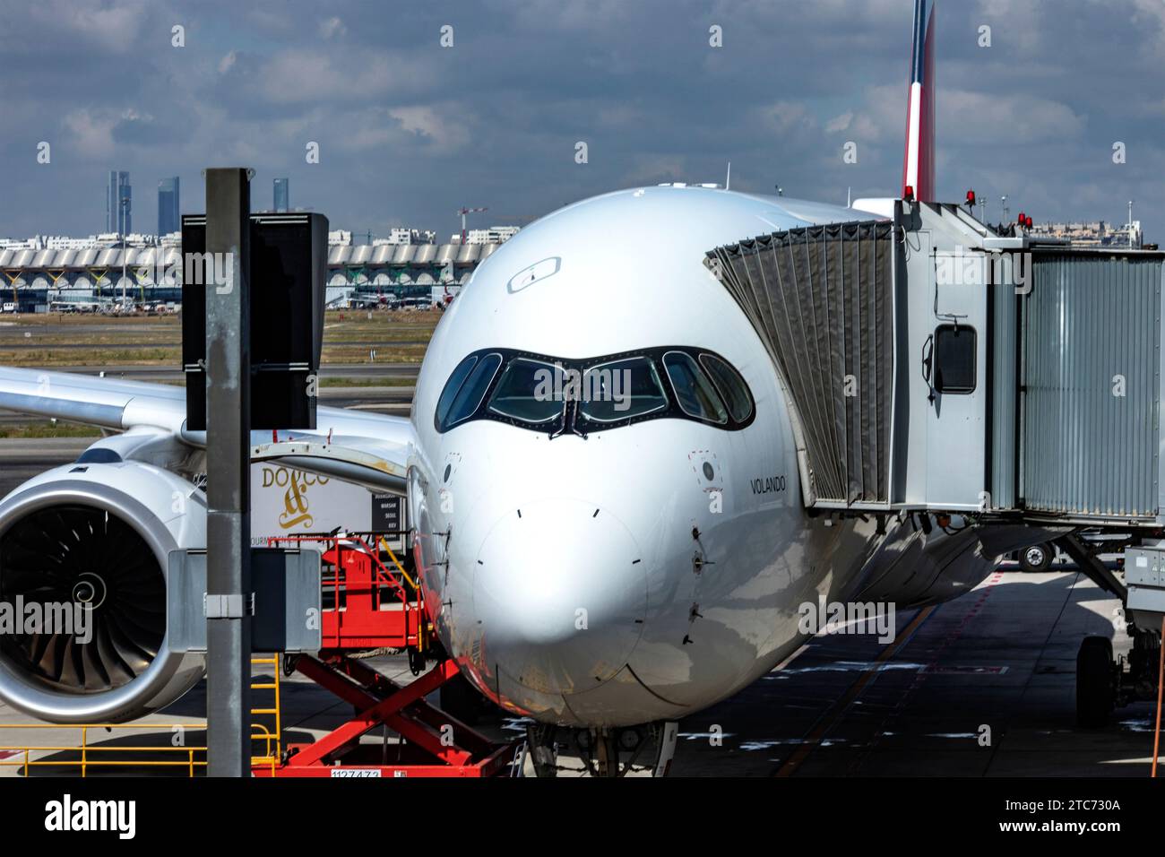 Madrid, Spain; May 31, 2023: Photo of the Airbus A350-900, a new-generation wide-body aircraft of Spanish airline Iberia, parked and ready for takeoff Stock Photo