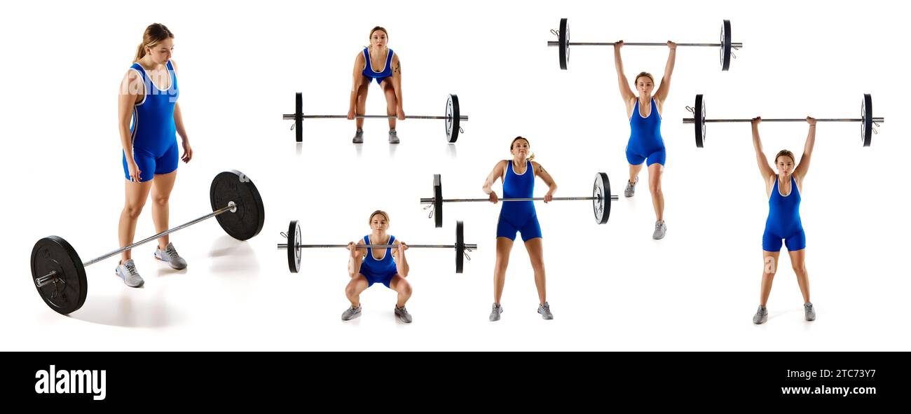 Strong, muscular young woman in sportswear training, lifting heavy