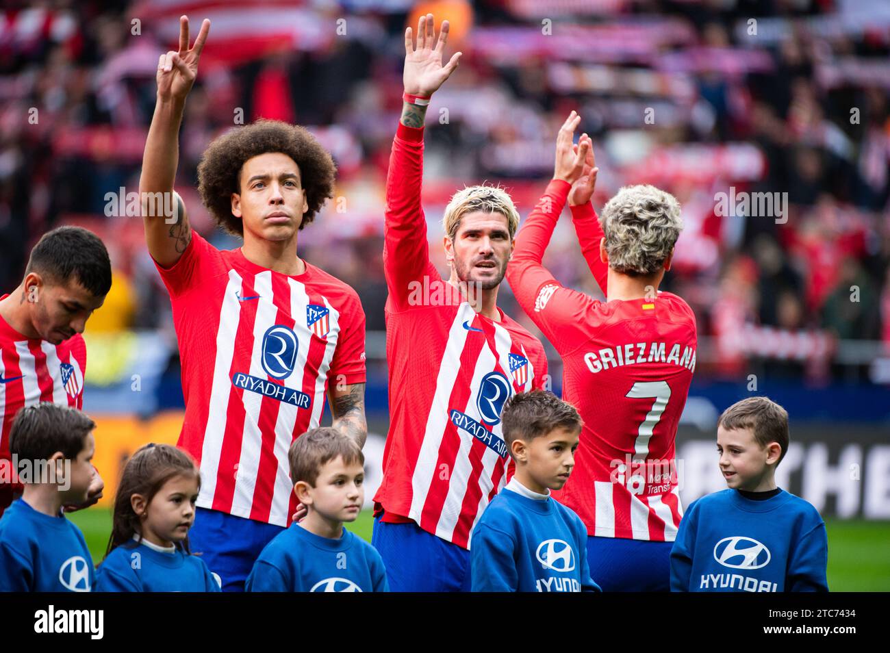Axel Witsel (L), Rodrigo De Paul (C) and Antoine Griezmann (R) of Atletico  Madrid seen in action during the La Liga EA Sports 2023/24 football match  between Atletico Madrid and Almeria at