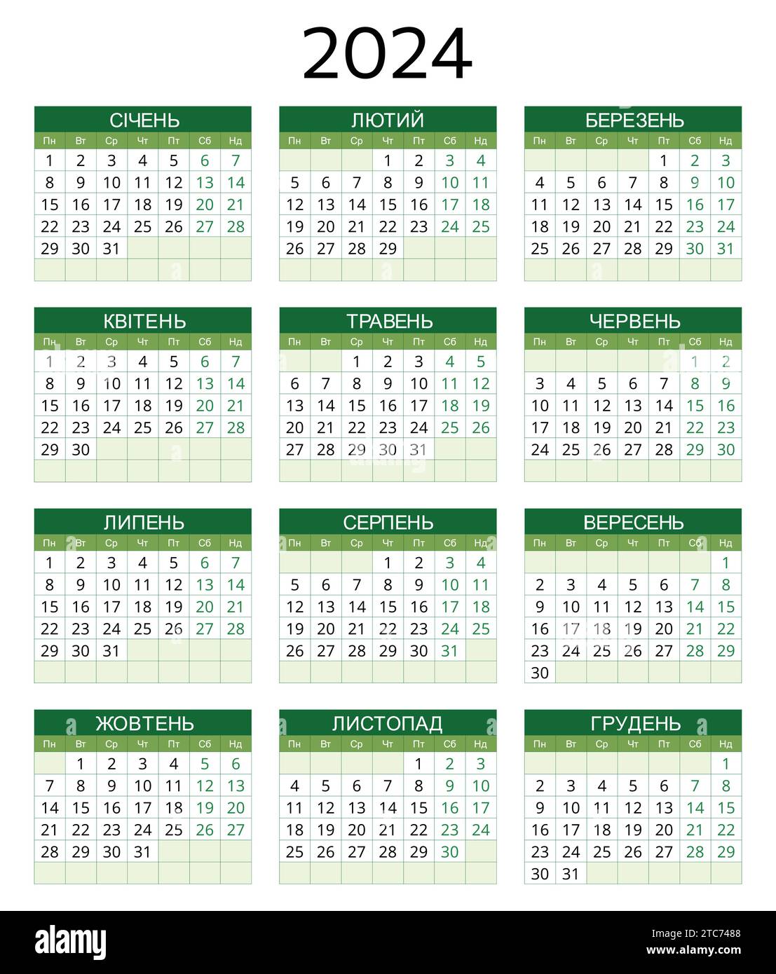 2024 ukrainian calendar. Modern vector template illustration in Ukraine