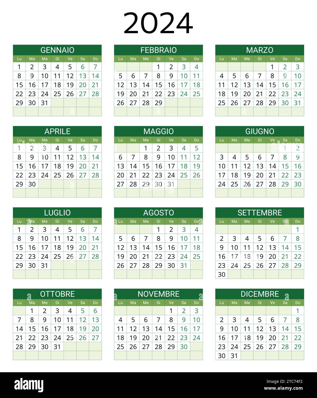 2024 Italian Calendar Printable Editable Vector Illustration For