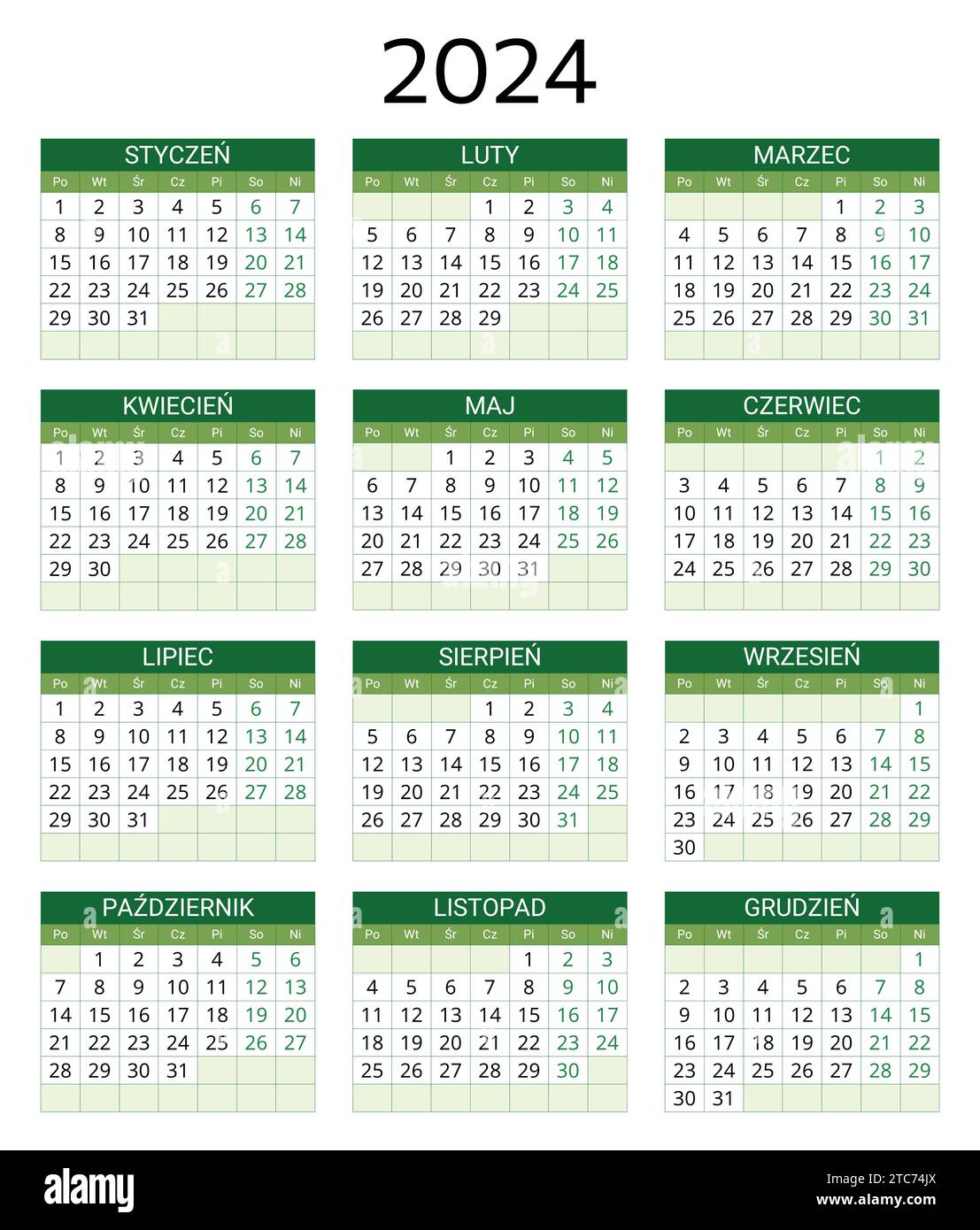 2024 polish calendar. Printable, editable vector illustration for