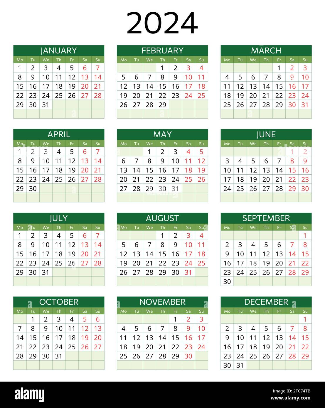 2024 year calendar. English, horizontal. Printable vector illustration ...