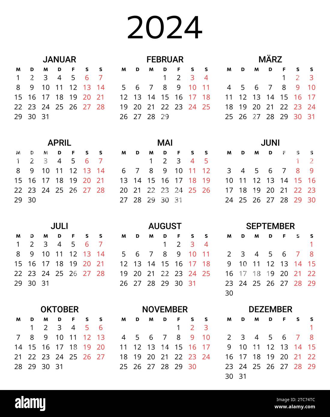 2024 german calendar. Printable, editable vector illustration for