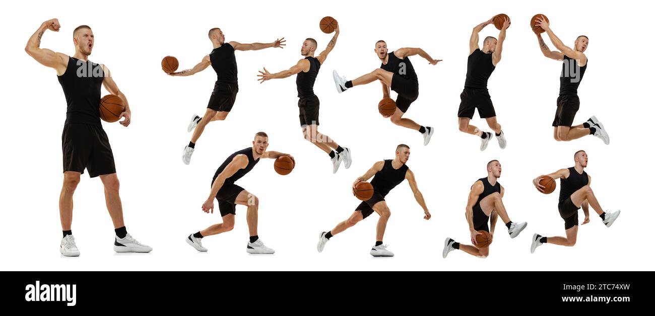 Muscular young man, professional basketball player in motion with ball ...