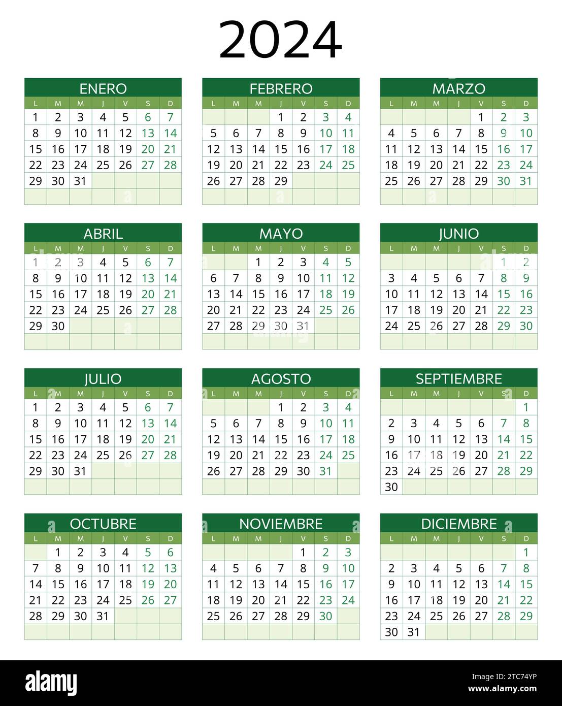 2024 spanish calendar. Printable vector template illustration in Spain