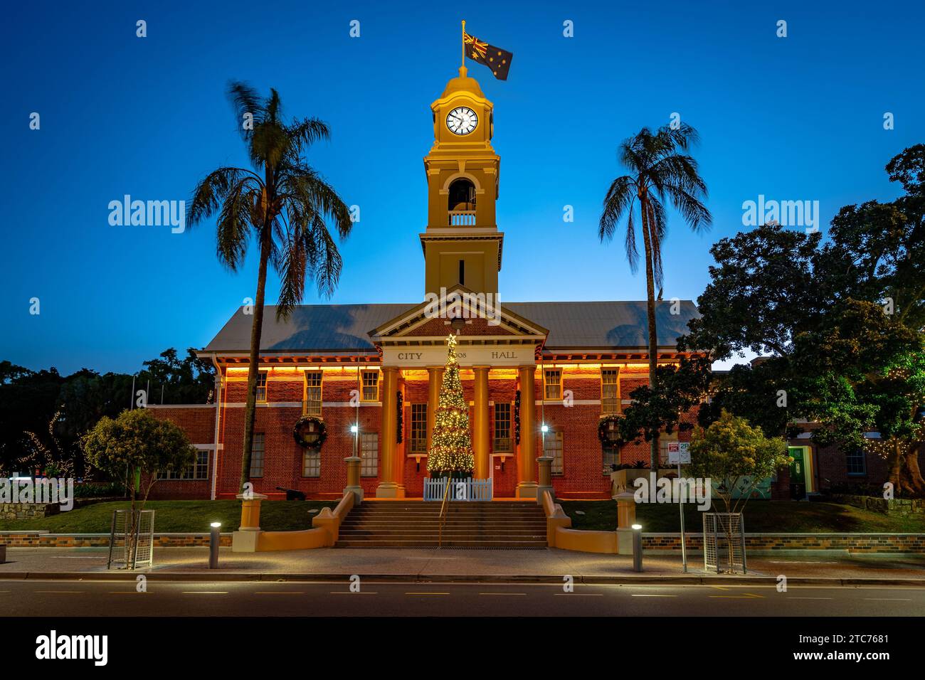 Maryborough, QLD, Australia - City Hall illuminated at night with Christmas decorations Stock Photo