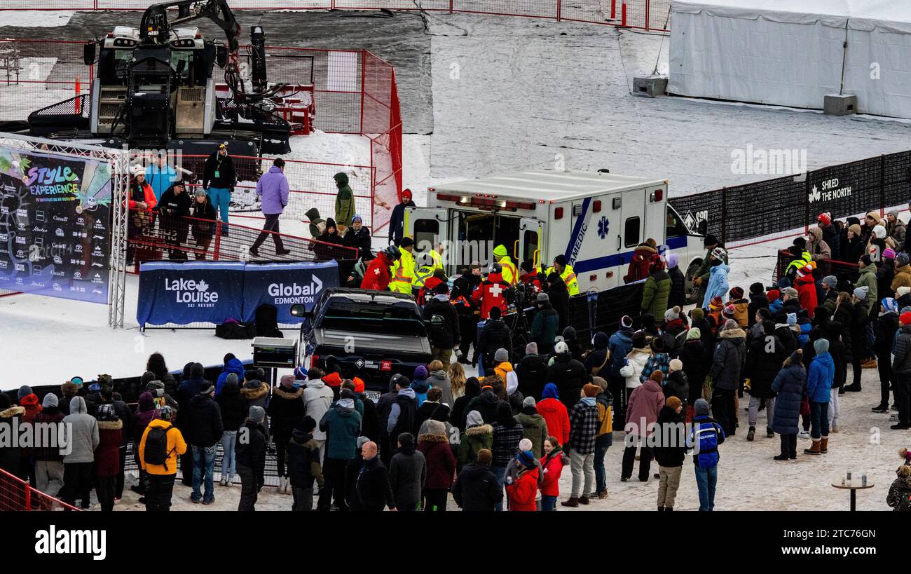 Eli Bouchard (CAN) is transported to a waiting ambulance before being taken to a hospital during the FIS Sky Experience Big Air Competition at the Commonwealth Stadium. (Photo by Ron Palmer / SOPA Images/Sipa USA) Stock Photo