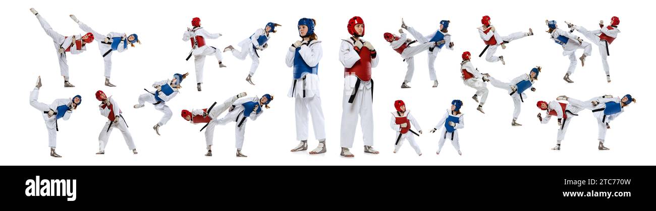 Two women in sportswear, mma athletes in motion, practicing, fighting ...