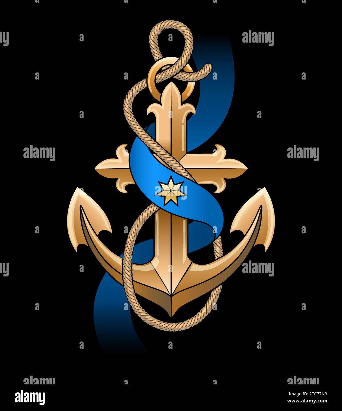 Hand Drawn Retro Ship Anchor with Ropes and Blue Ribbon. Hand Drawn vector illustration isolated on black background. No AI was used. Stock Vector