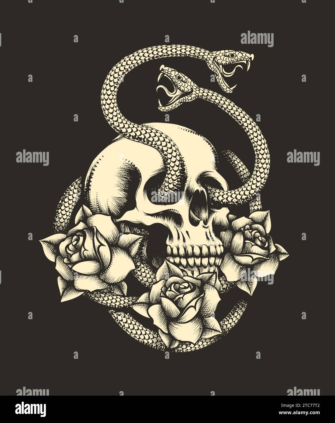 Human Skull with Snakes and Rose Flowers Engraving Tattoo. Hand Drawn vector illustration isolated on black background. No AI was used. Stock Vector
