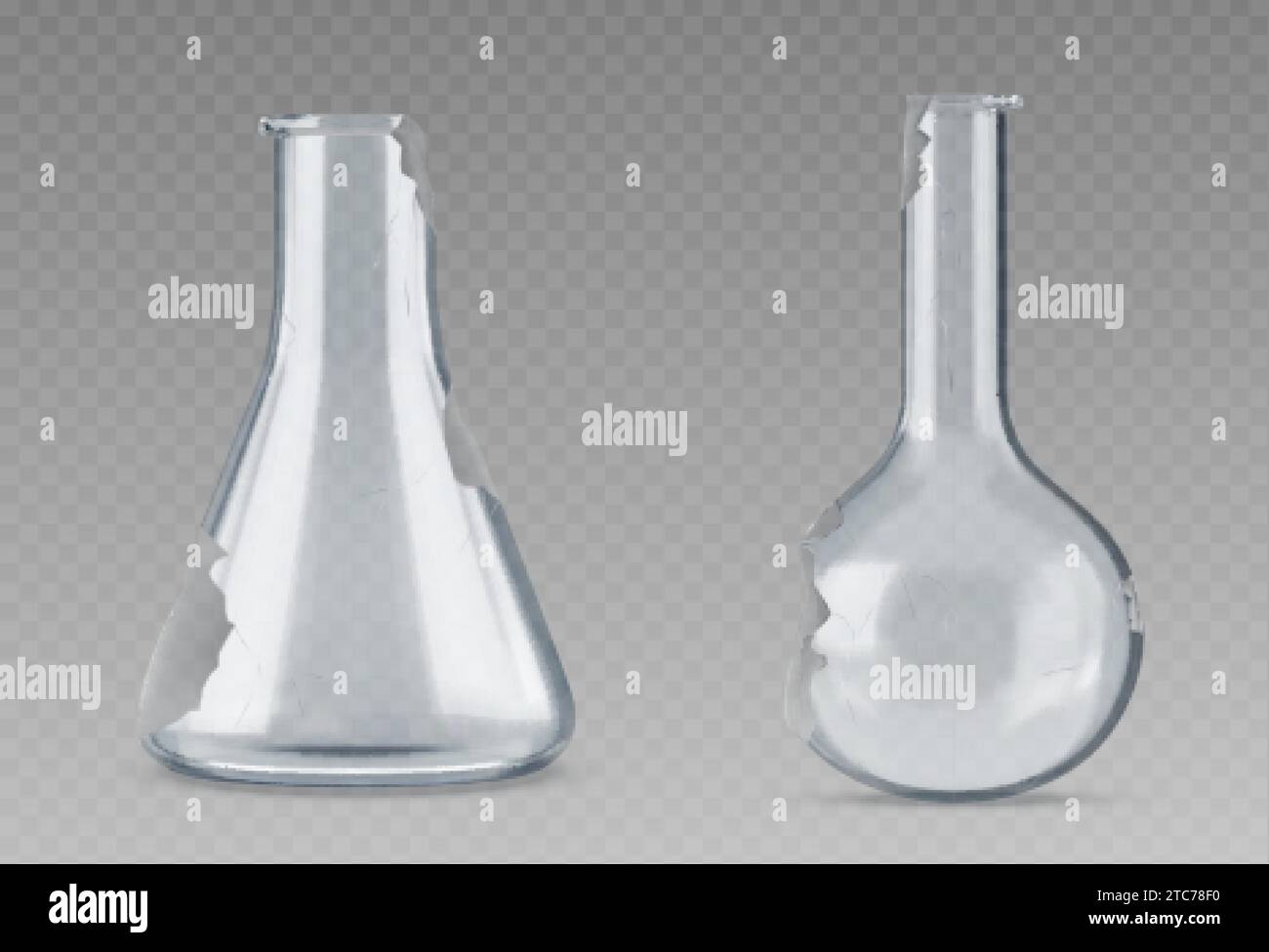 Broken test laboratory glass tube flask equipment. 3d lab beaker