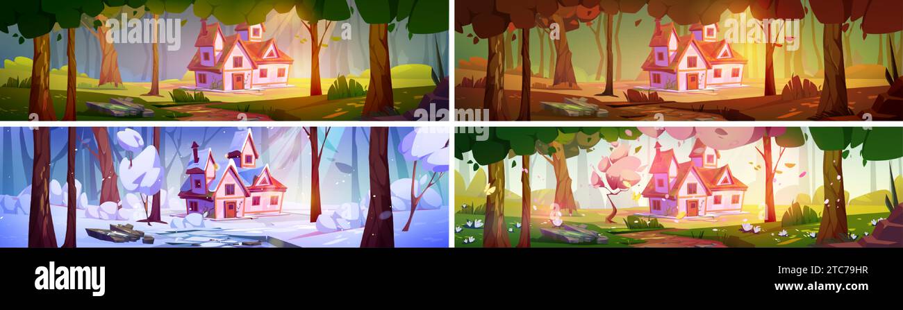 Country house in forest in four seasons. Cartoon vector set of rustic cabin with chimney, windows and door among trees and flowers, covered with snow. Stock Vector