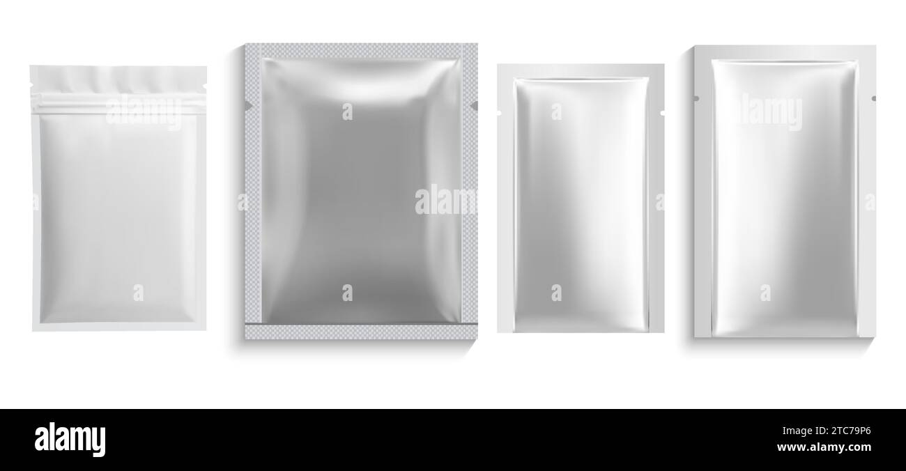 Paper sachet bag. Foil pouch mockup, white glossy plastic zipper packet blank. Facial mask sheet silver sachet design, cosmetic hygiene protection con Stock Vector