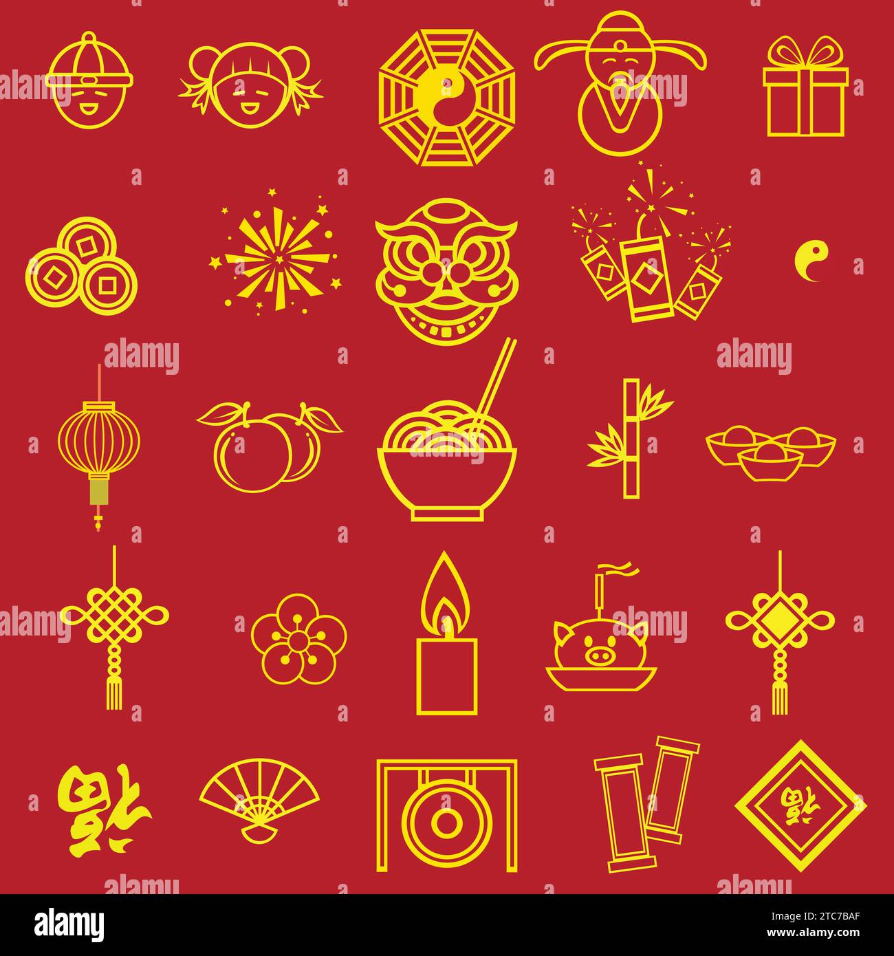 Chinese traditional ornaments, Set of Lunar year decorations, flowers, lanterns, clouds, elements and icons. Chinese new year icon sign symbol set Stock Vector