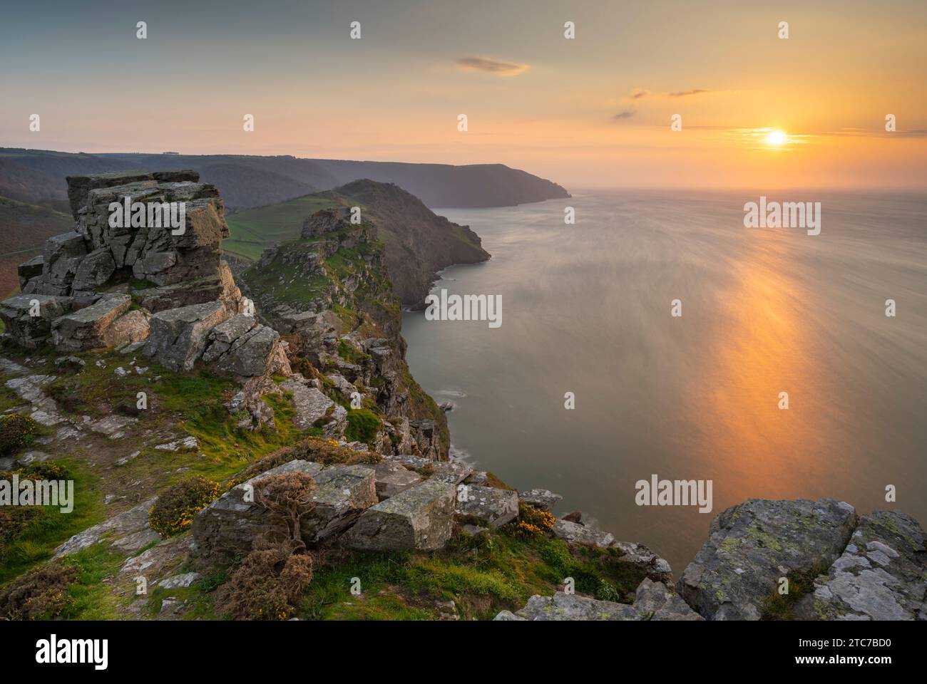 Sunset over the Valley of Rocks in Exmoor National Park, Devon, England.  Spring (April) 2023. Stock Photo